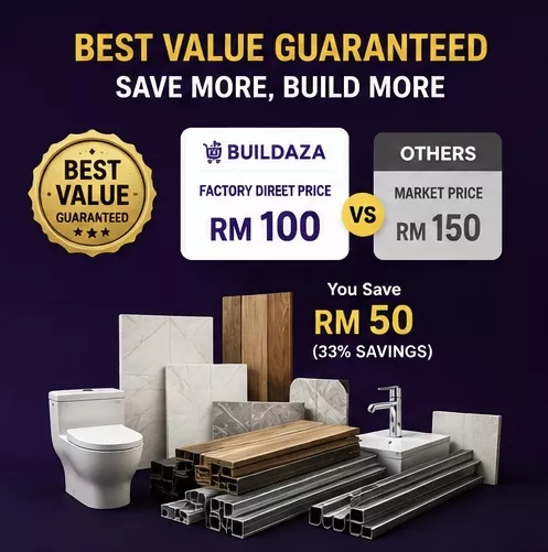 Buildaza building supplies price comparison: RM100 factory direct vs RM150 market price, save RM50