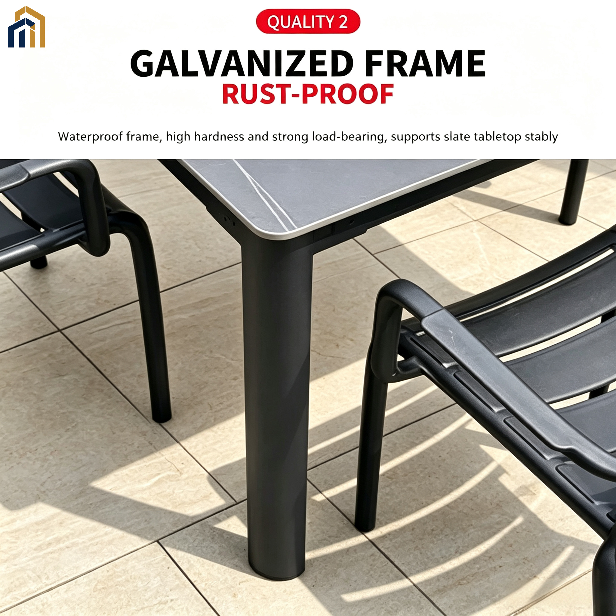 Outdoor Patio Dining Set, Sintered Slate Tabletop & PP Chairs