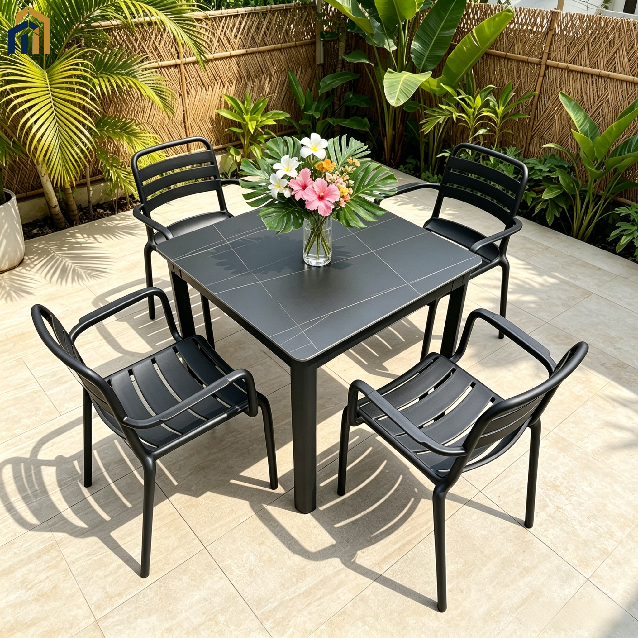 Outdoor Patio Dining Set, Sintered Slate Tabletop & PP Chairs