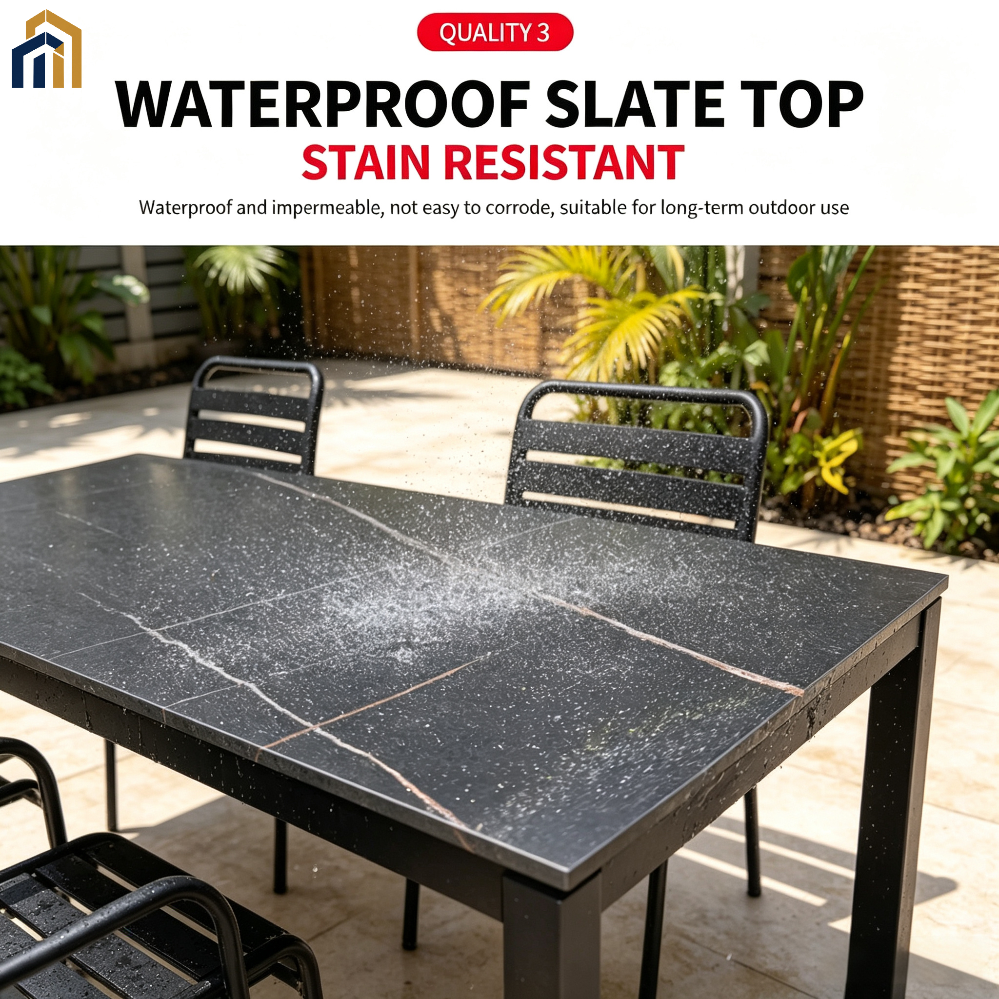 Outdoor Patio Dining Set, Sintered Slate Tabletop & PP Chairs