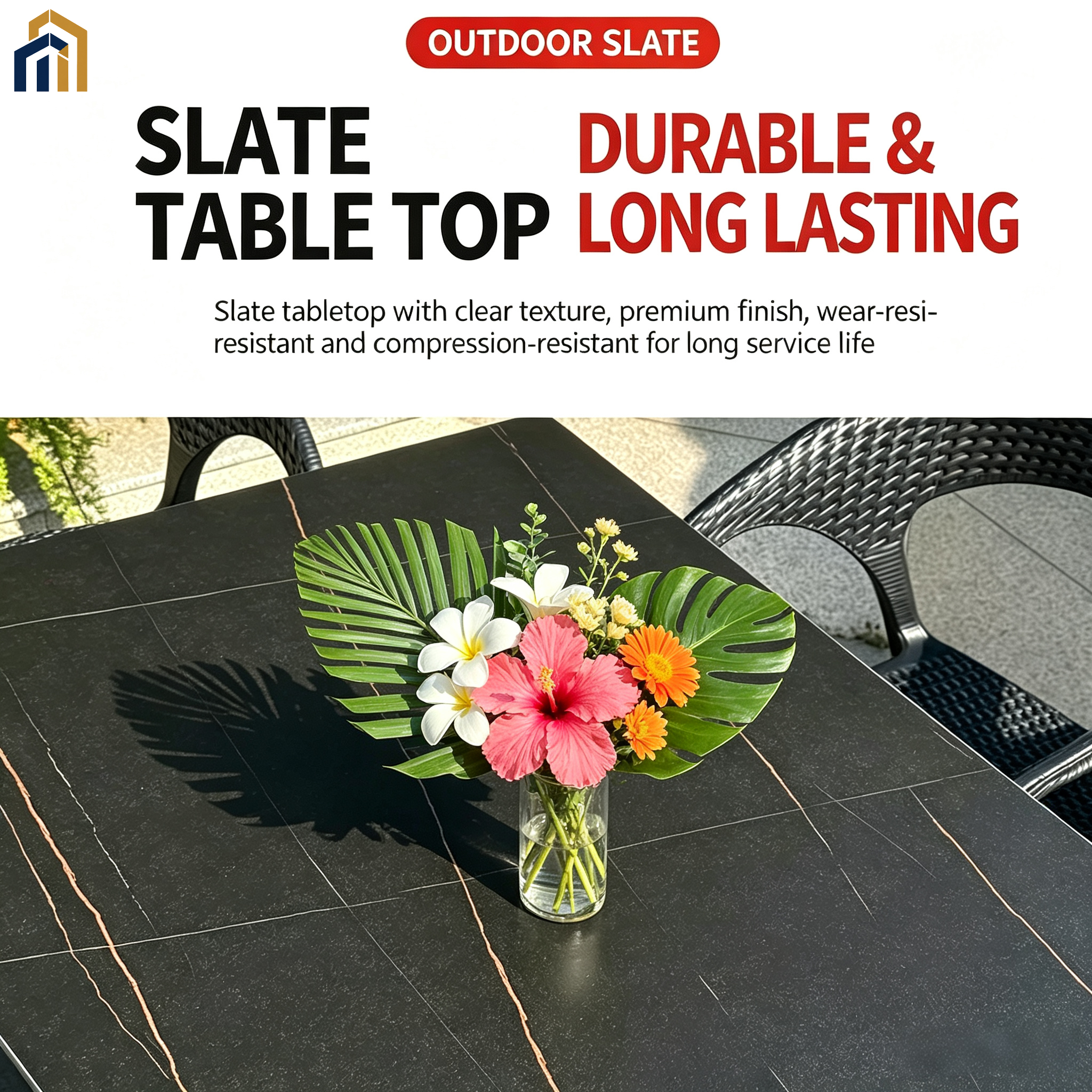 Outdoor Patio Dining Set, Sintered Slate Tabletop & PP Chairs