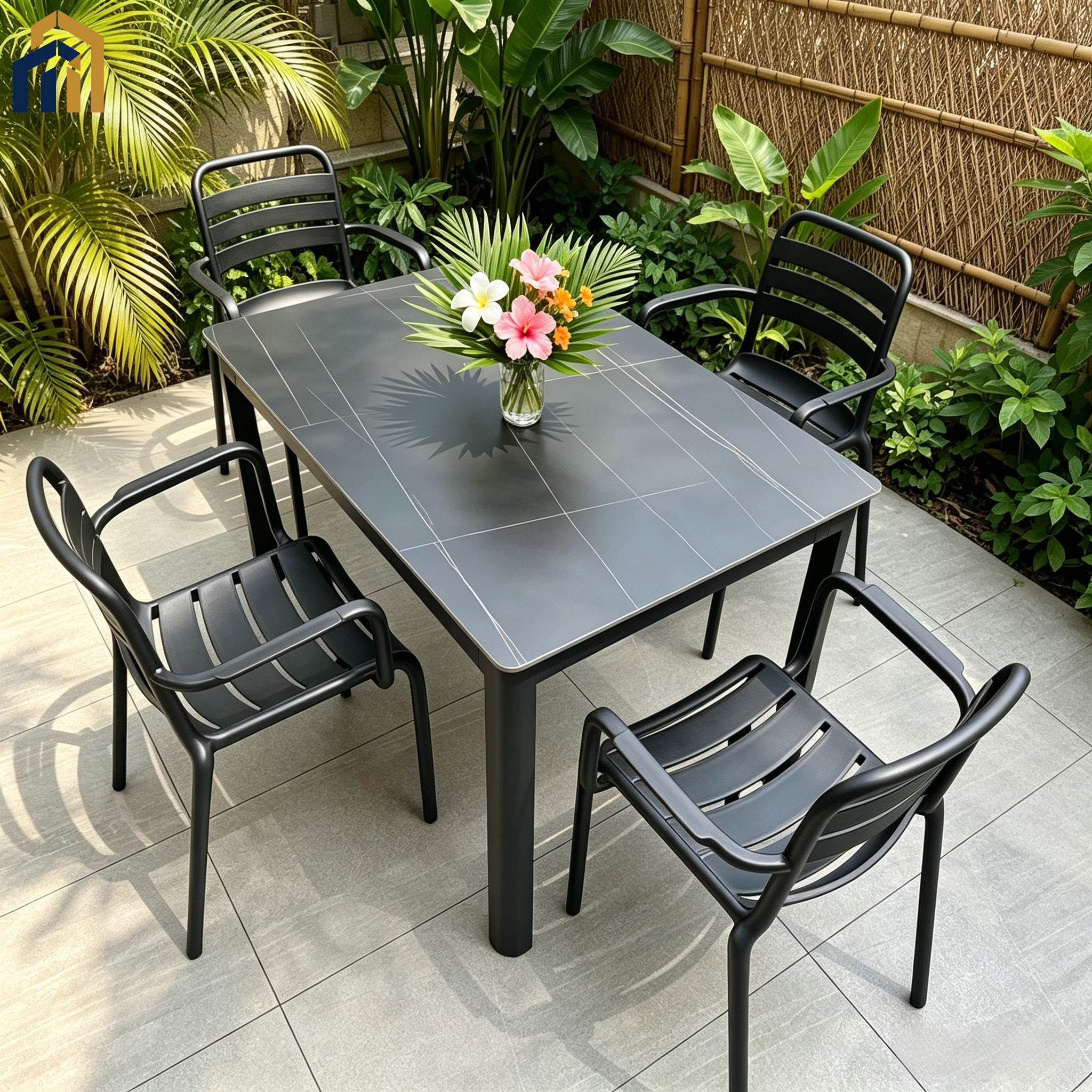 Outdoor Patio Dining Set, Sintered Slate Tabletop & PP Chairs