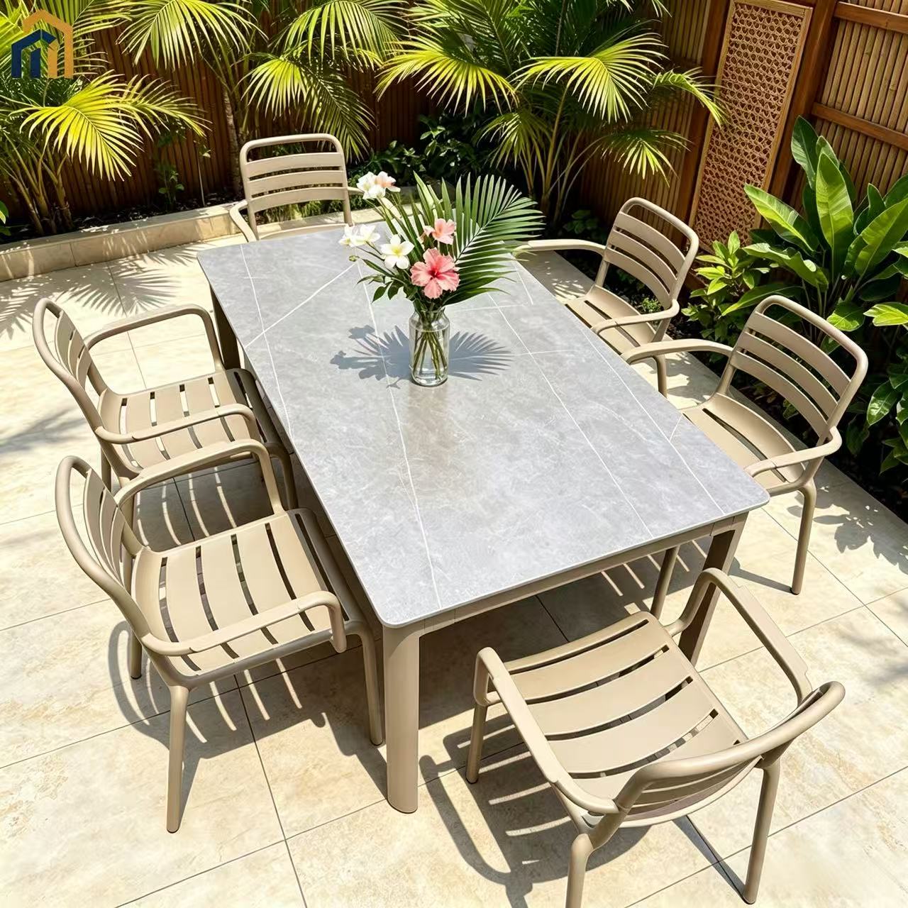 Outdoor Patio Dining Set, Sintered Slate Tabletop & PP Chairs