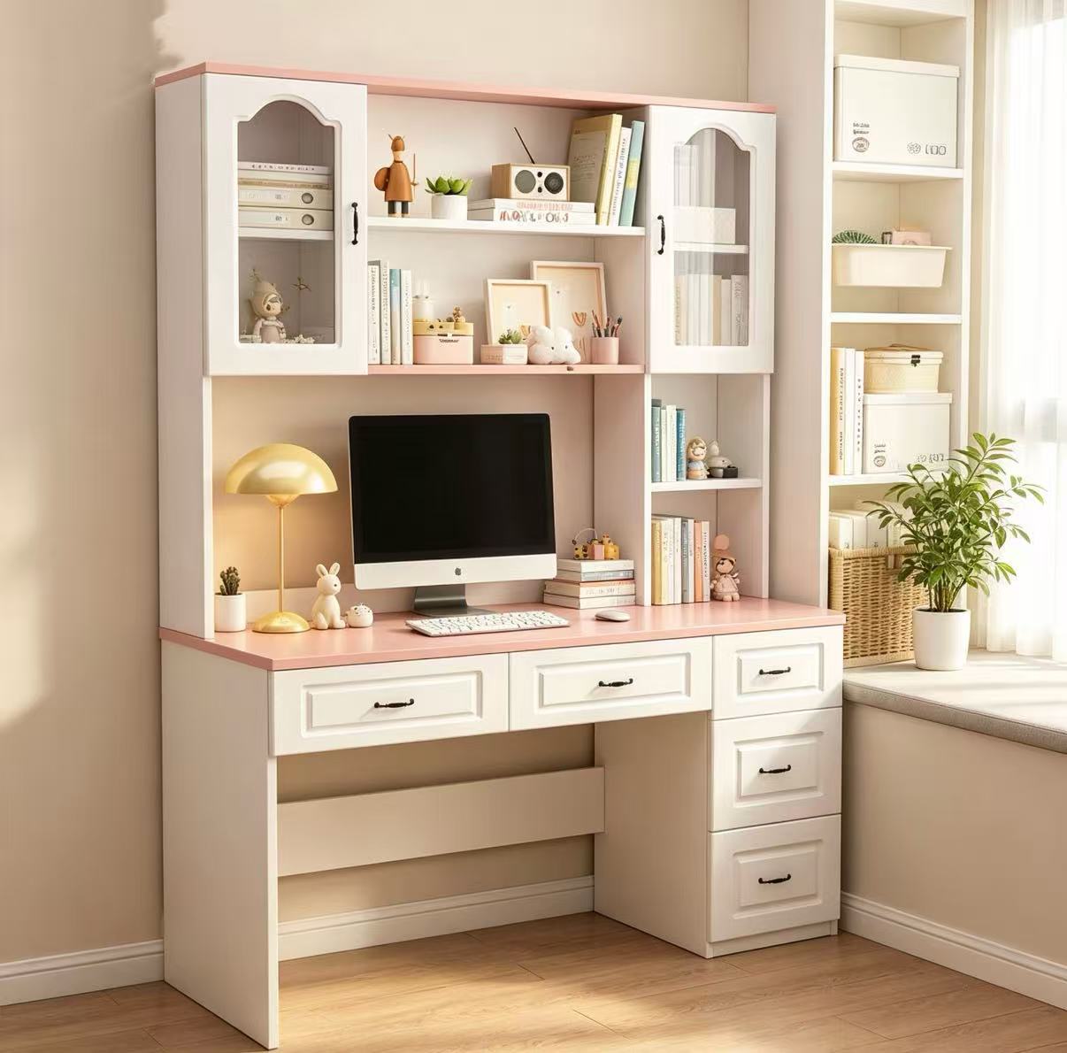 Solid Wood Desk with Hutch, All‑in‑One Desk & Bookcase Combo