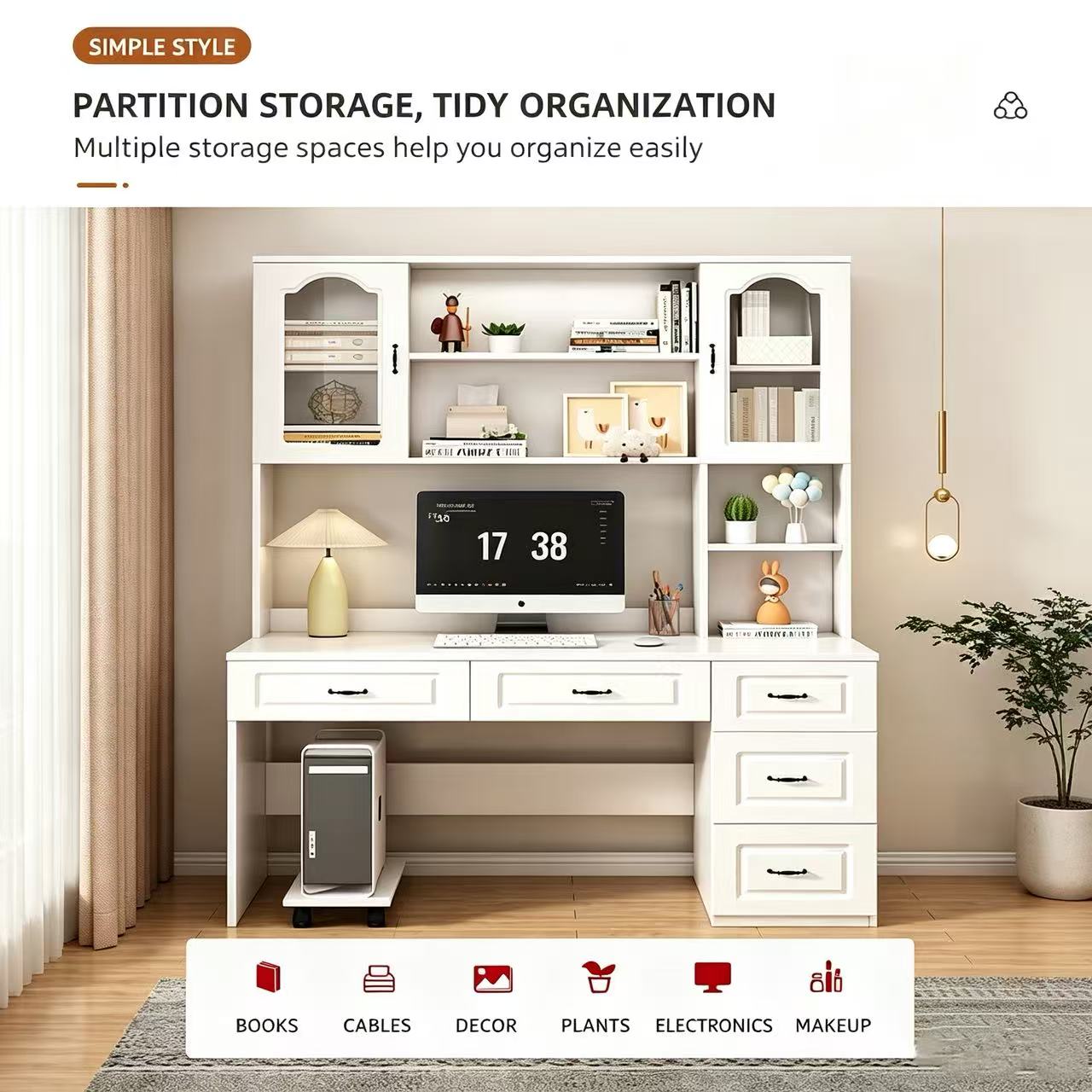 Solid Wood Desk with Hutch, All‑in‑One Desk & Bookcase Combo