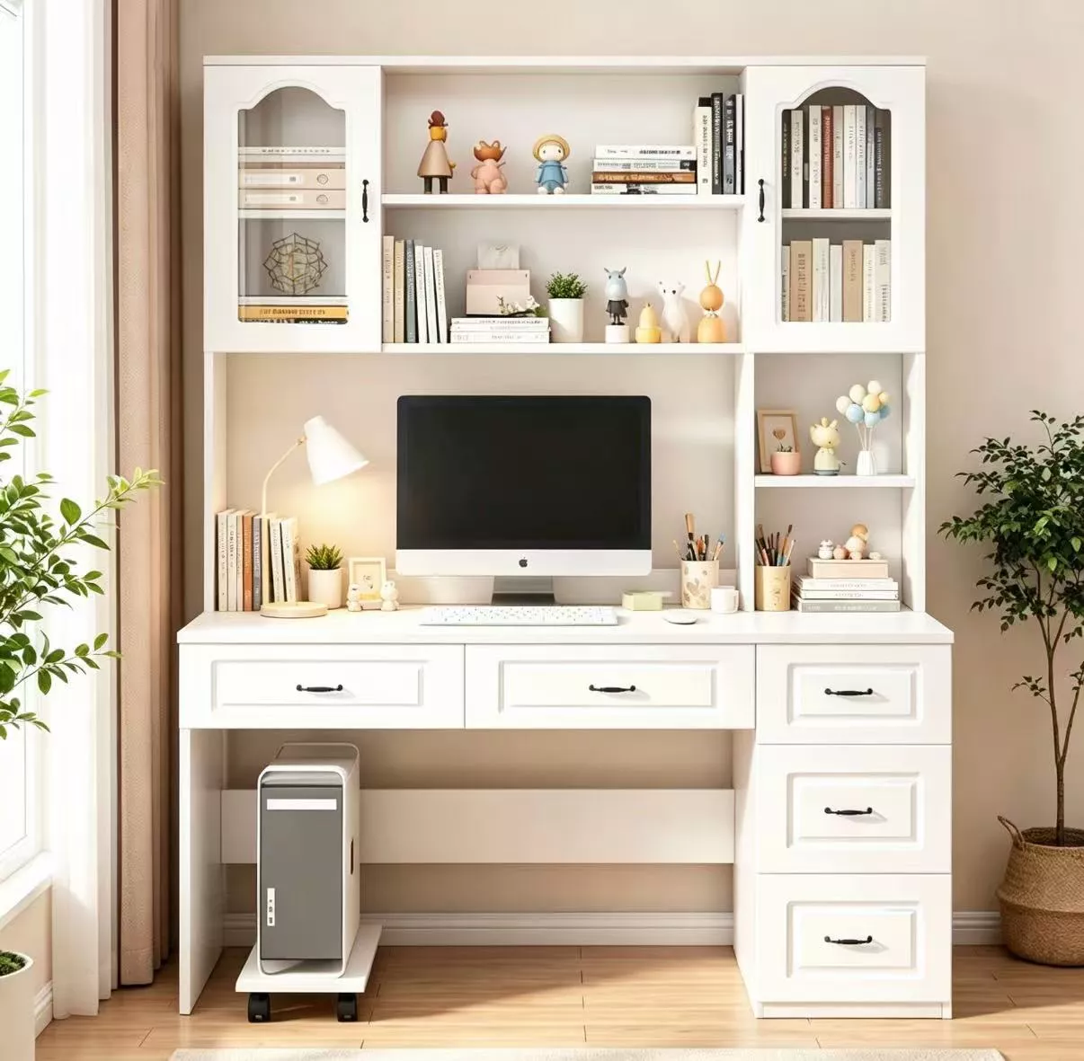 Solid Wood Desk with Hutch, All‑in‑One Desk & Bookcase Combo