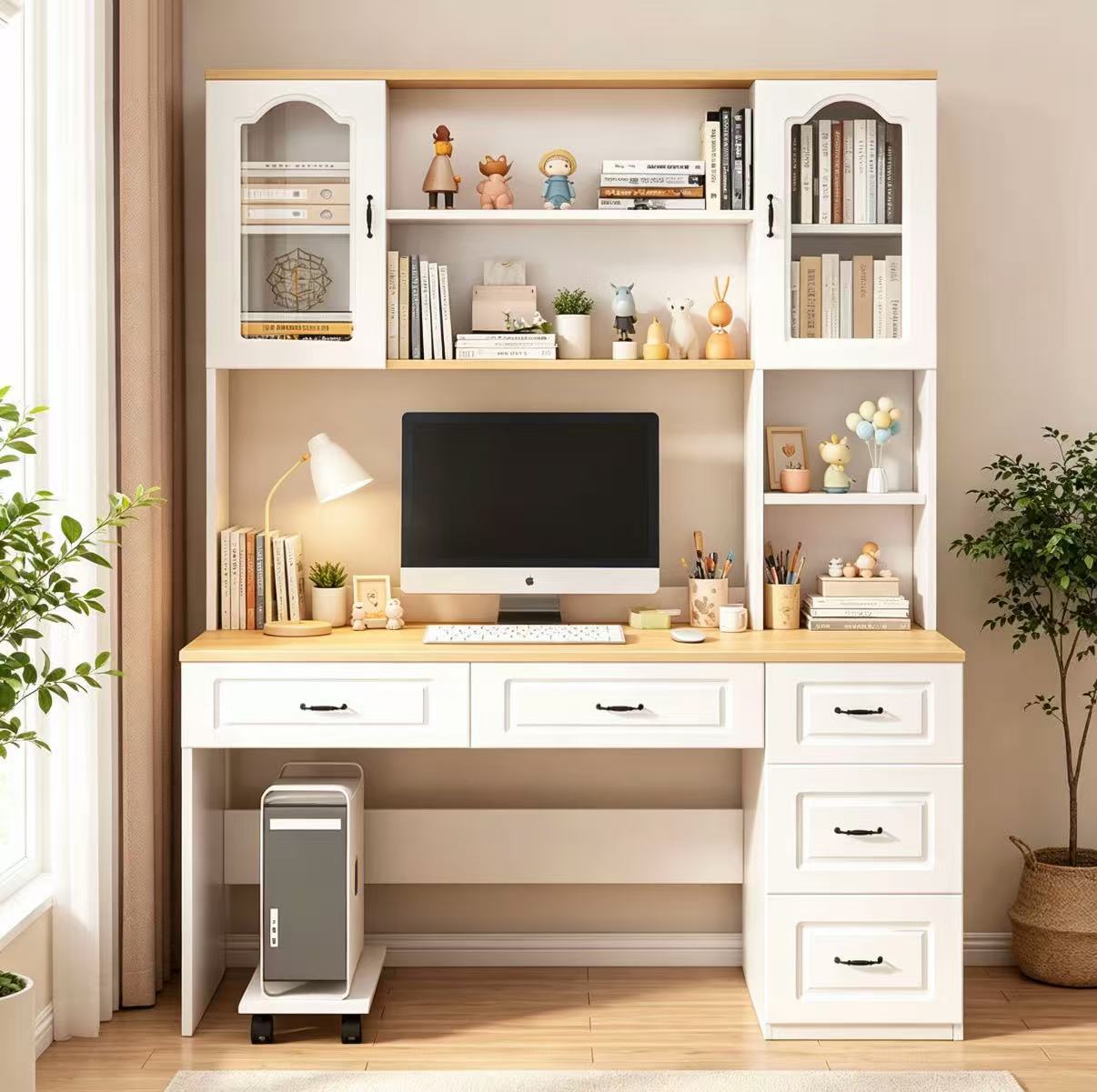 Solid Wood Desk with Hutch, All‑in‑One Desk & Bookcase Combo