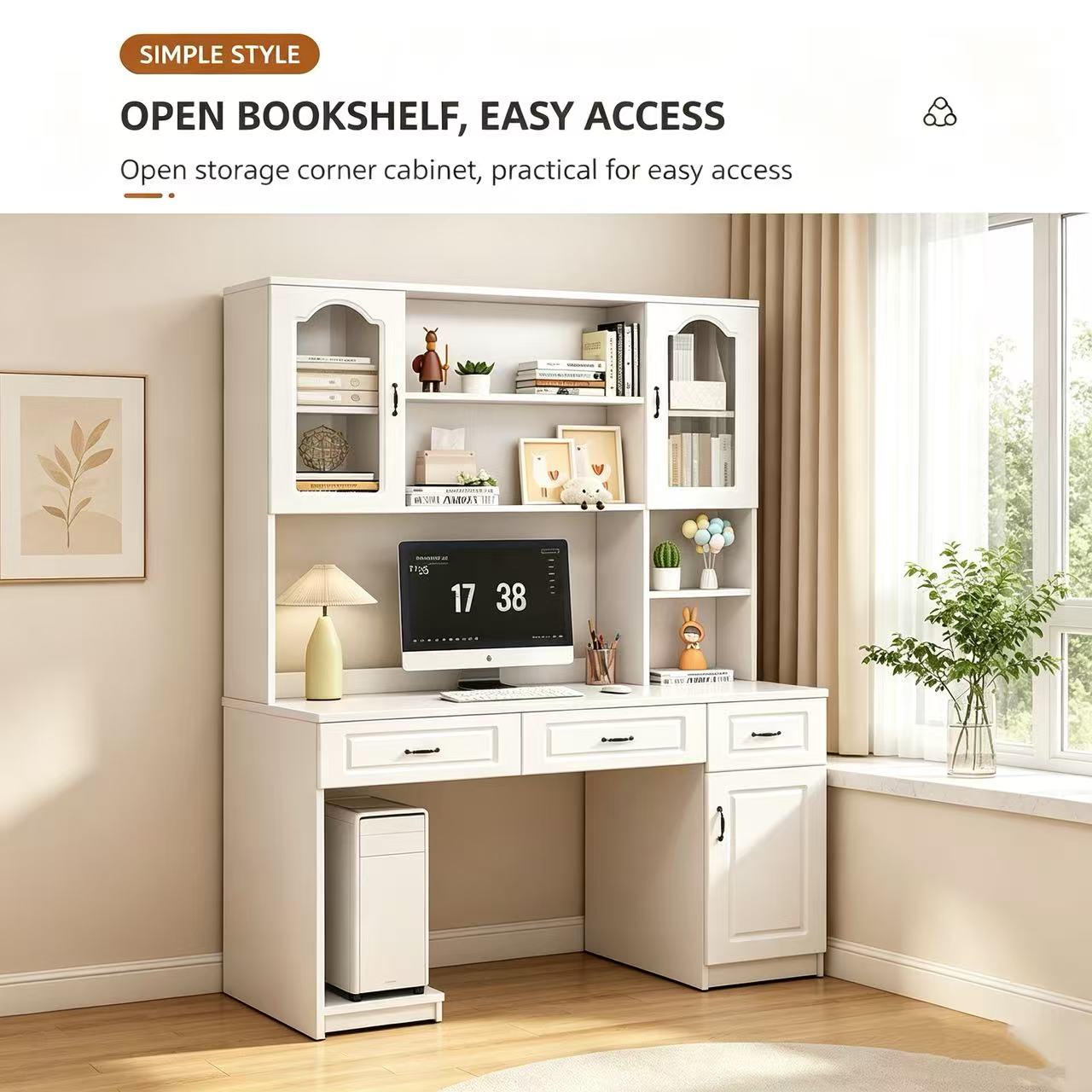 Solid Wood Desk with Hutch, All‑in‑One Desk & Bookcase Combo