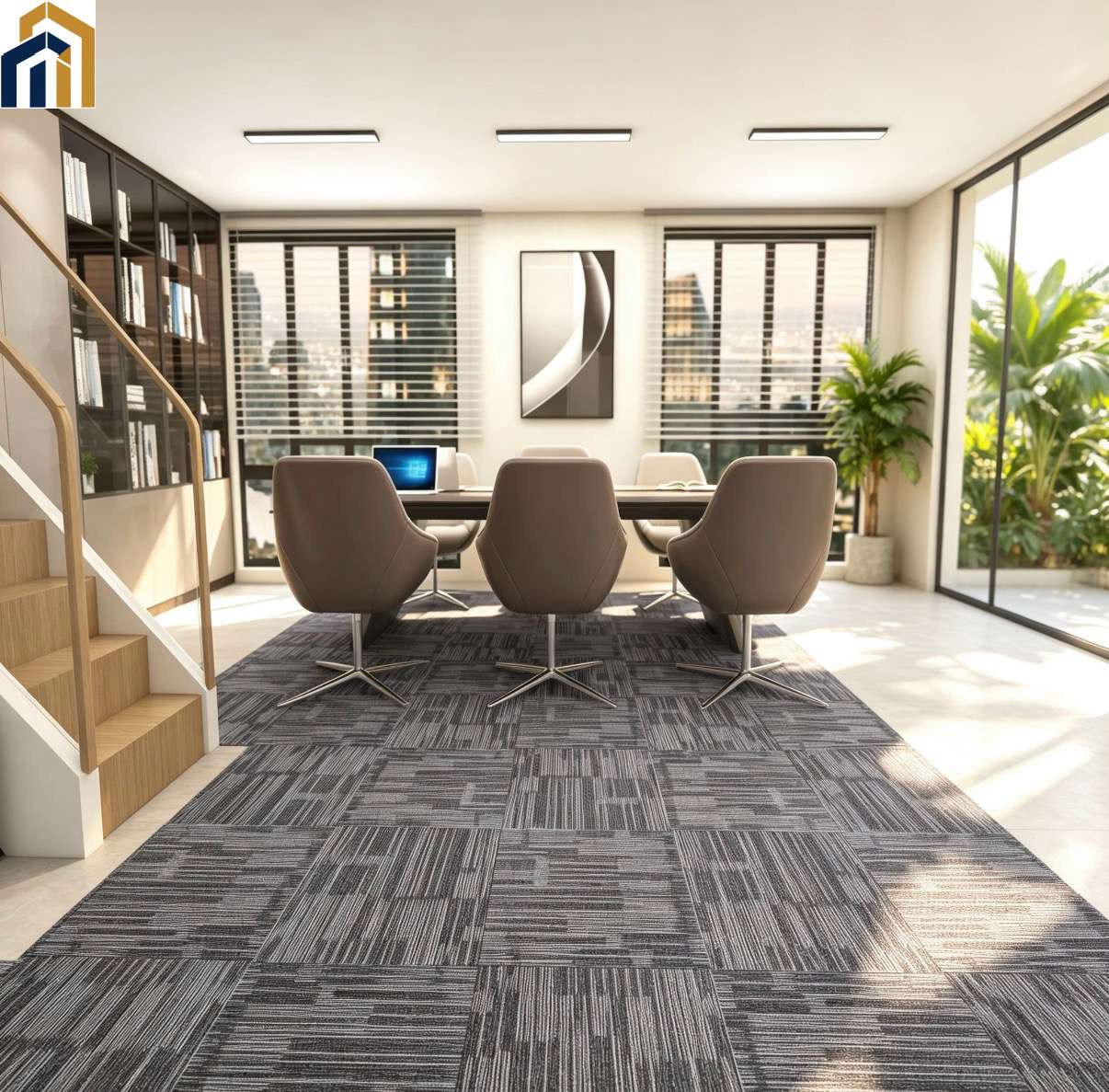 Color‑yarn flame‑retardant modular carpet tiles
