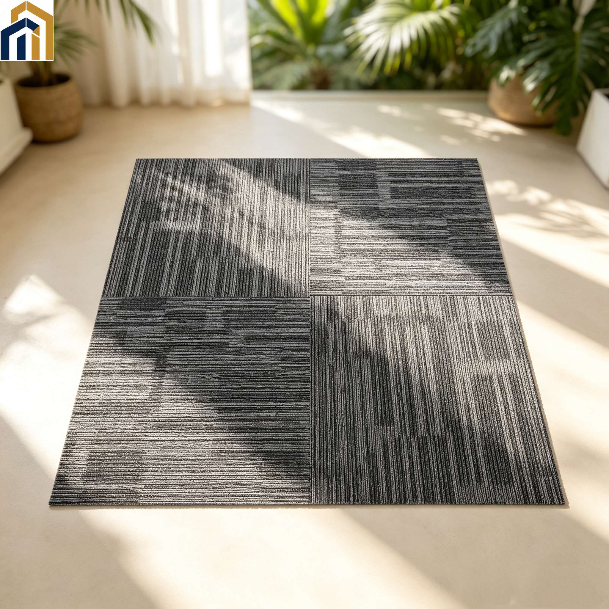 Color‑yarn flame‑retardant modular carpet tiles