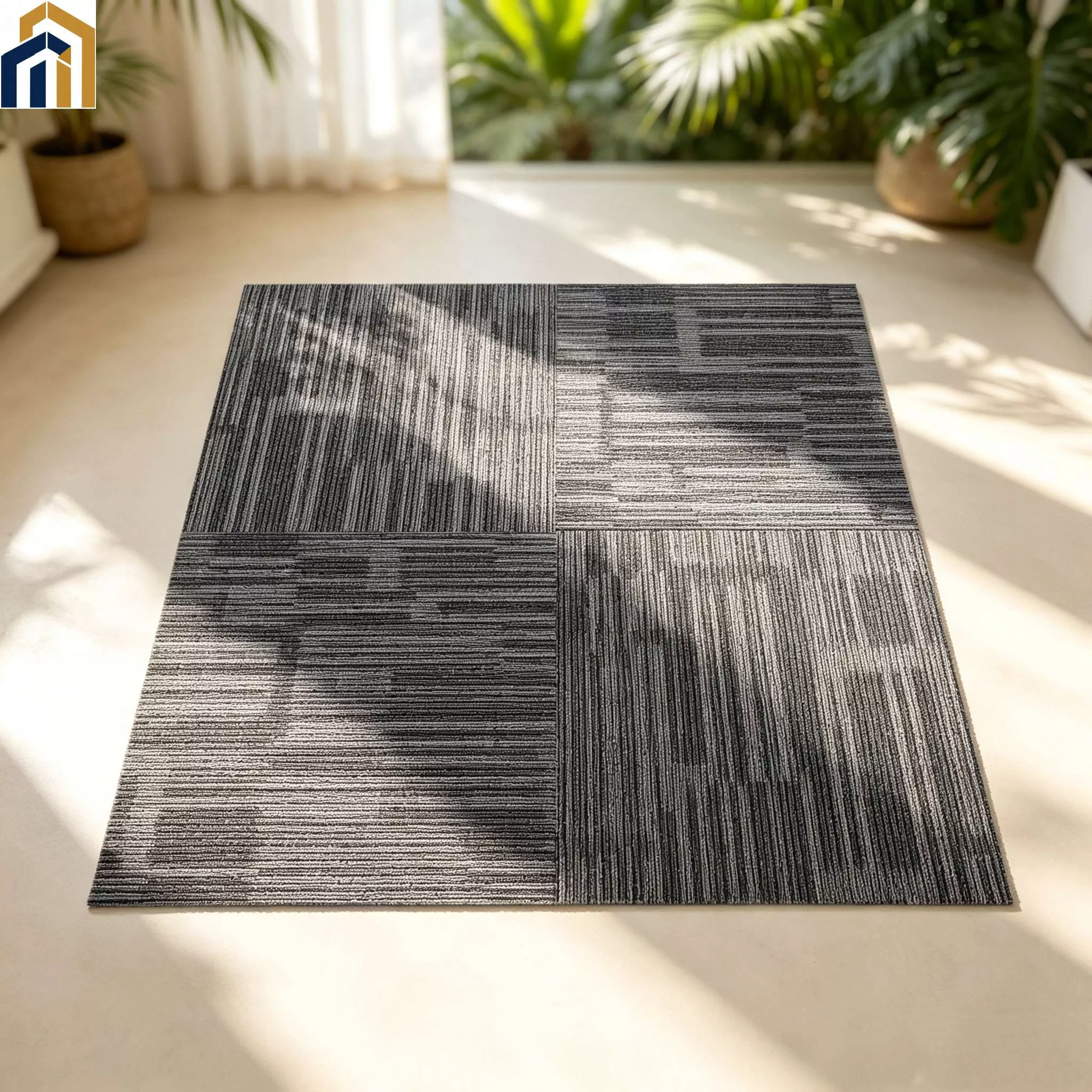 Color‑yarn flame‑retardant modular carpet tiles