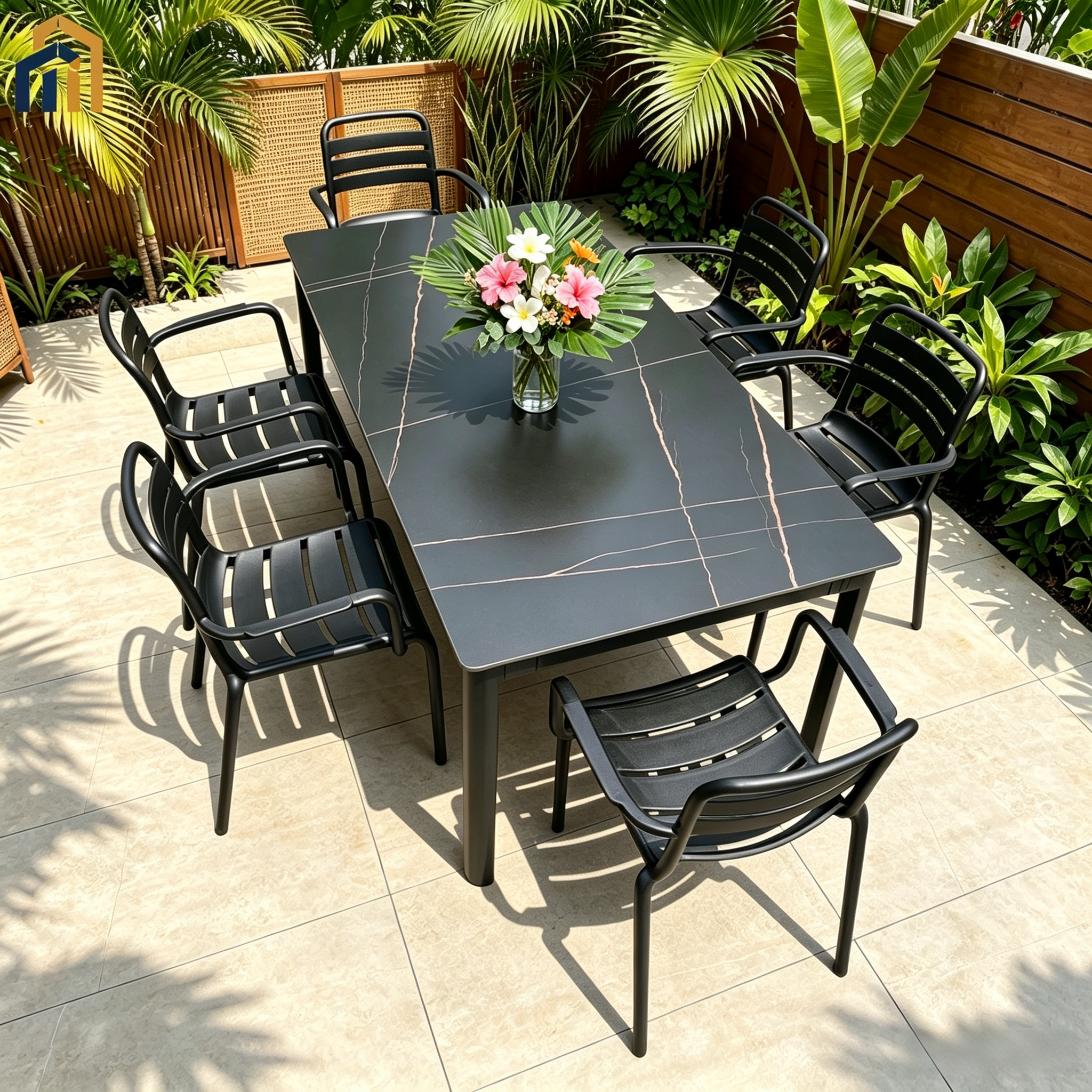 Outdoor Patio Dining Set, Sintered Slate Tabletop & PP Chairs