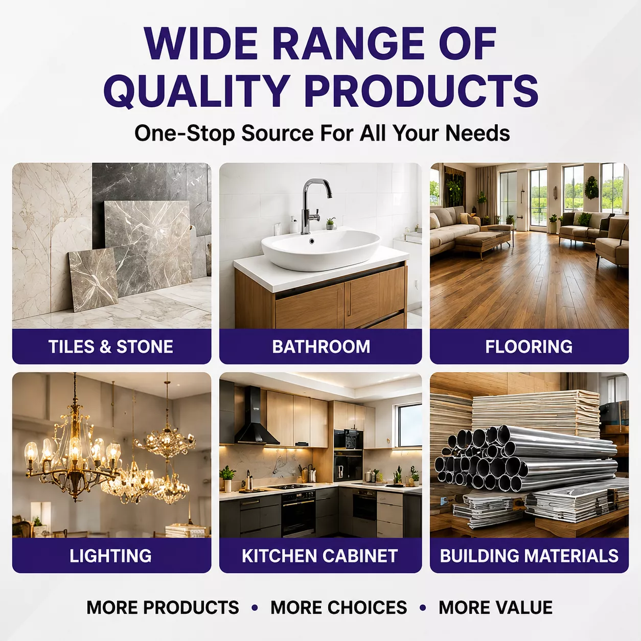 Wide range of quality home and building products: tiles, bathroom fixtures, flooring, lighting, kitchen cabinets and