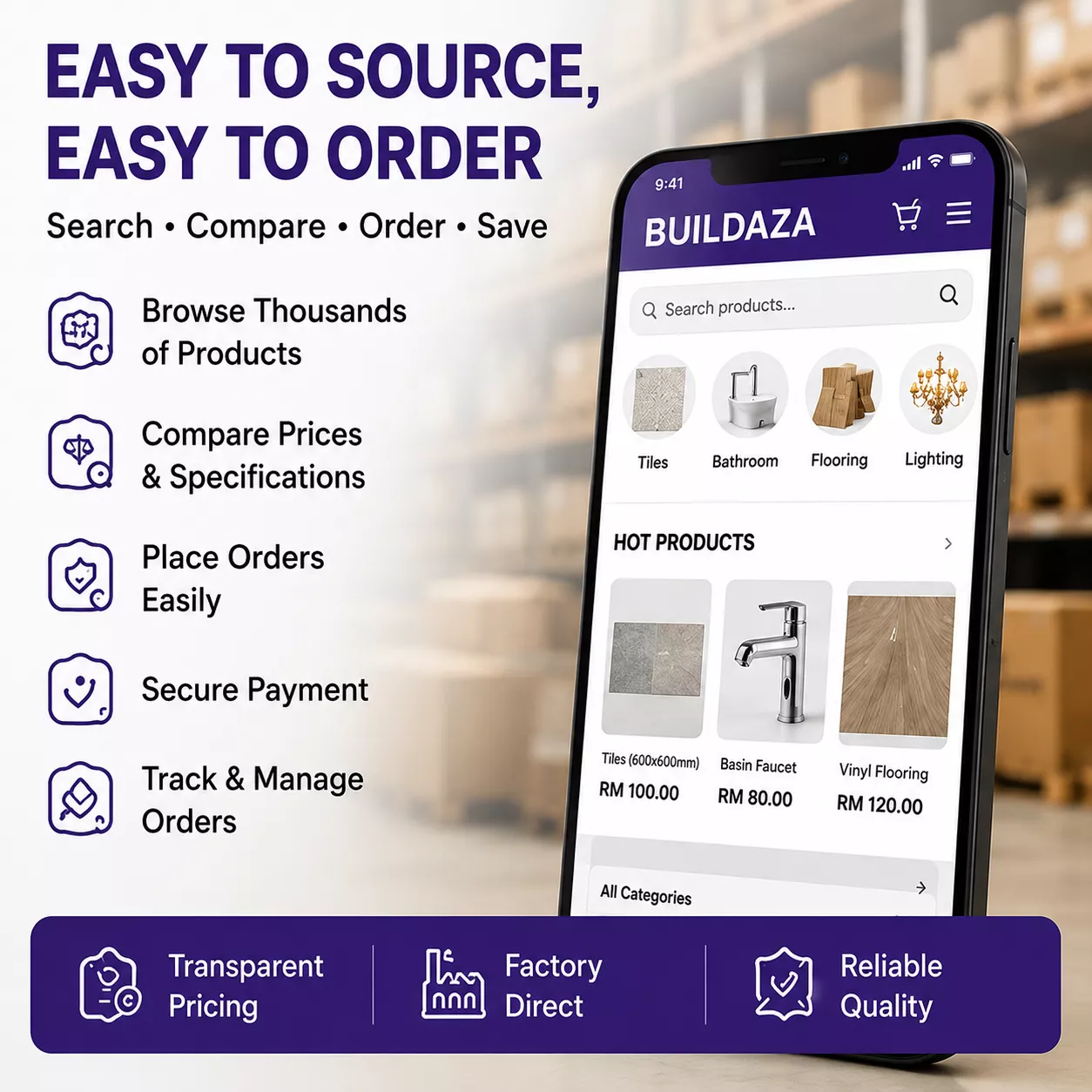 Promotional graphic for Buildaza construction product sourcing platform, displaying its mobile app interface and key benefits