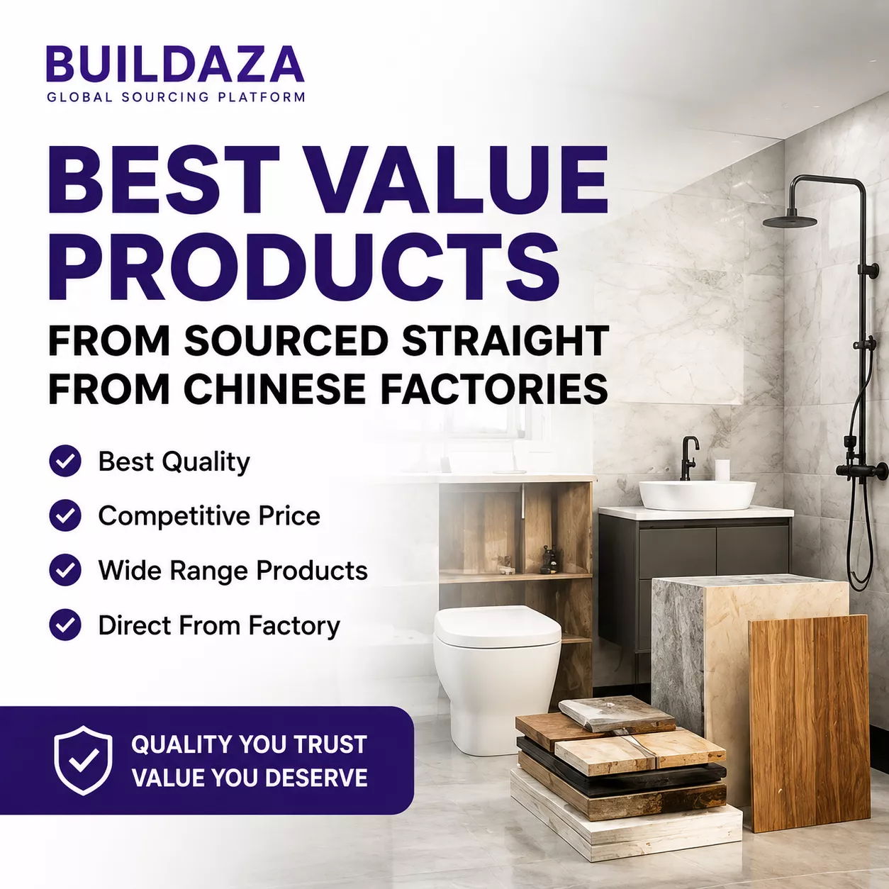 Buildaza global sourcing platform advertisement, showcasing bathroom fixtures and building material samples with direct