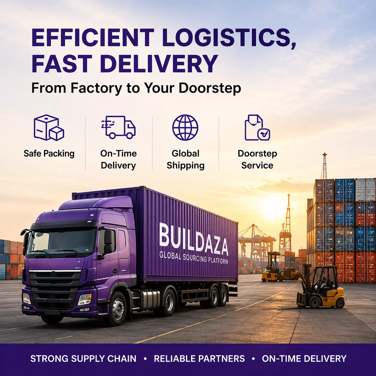 Buildaza global logistics service promotion: purple container truck at shipping port, offering safe packing, on-time